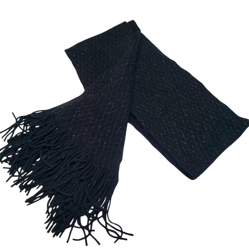 Women's Leather Black Gloves / Black Metallic Scarf